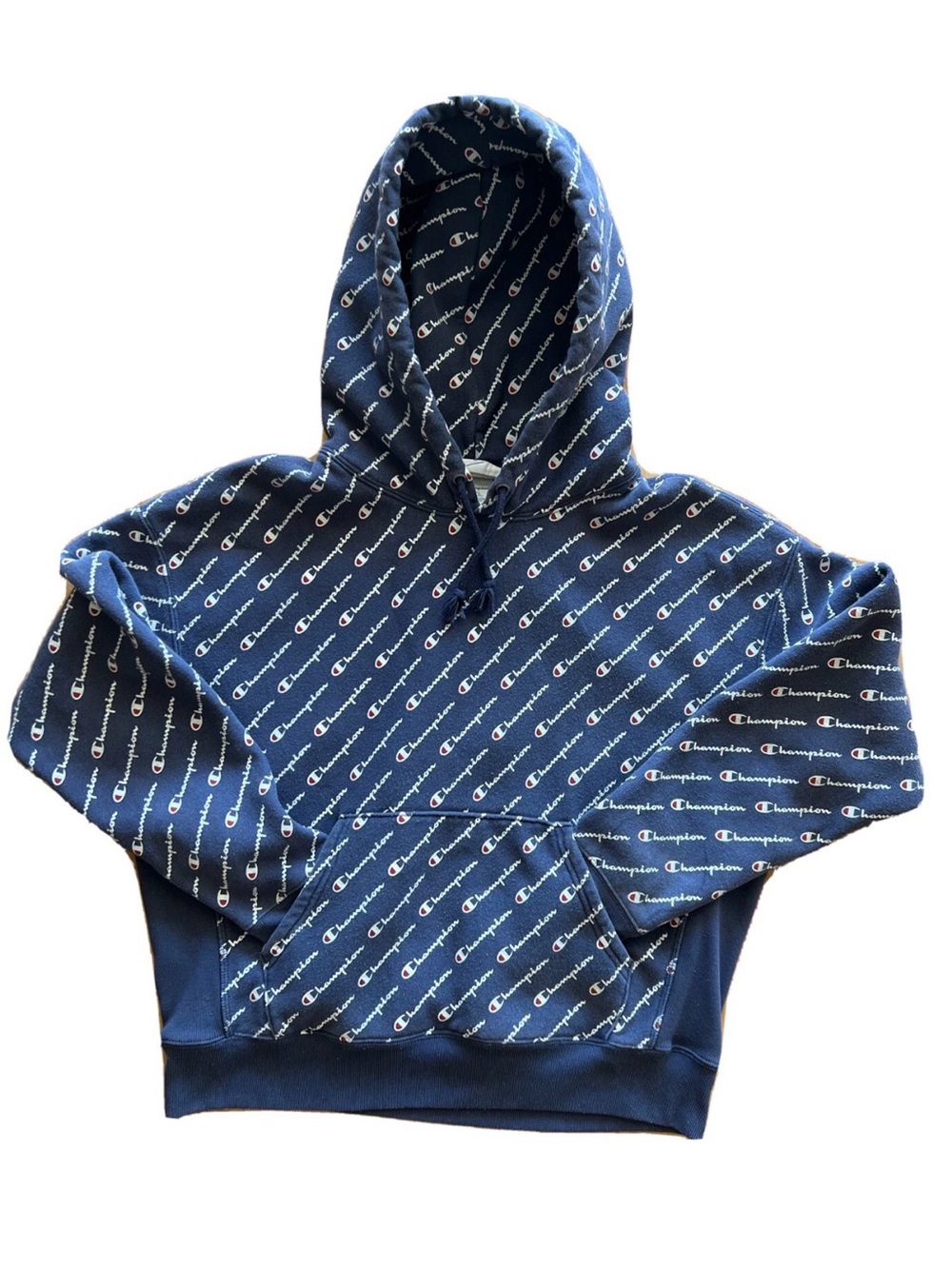 Champion Reverse Weave Blue Spell Out All Over Print Hoodie Sweatshirt Size L